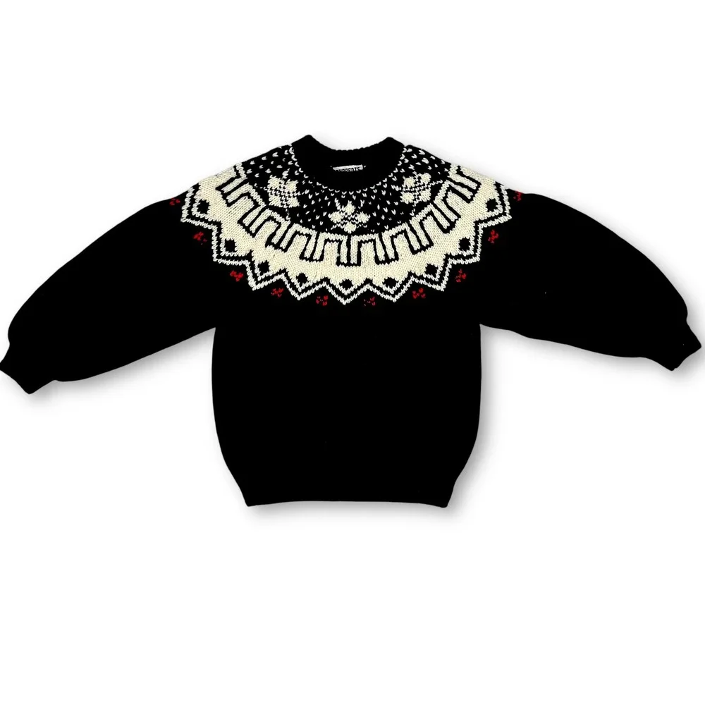 VTG Currents Australia Fair Isle Sweater Oversized Sz S‎ 100% Wool Black Cream